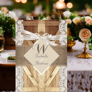 Rustikale Tür Hochzeit Beige Weiß Spitze Holz Jute Einladung