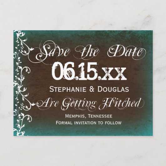 Rustikale Türkis-Braune Save-the-Date-Postkarten Ankündigungspostkarte (Vorderseite)