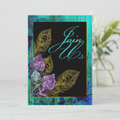 Rustikale Türkis-Holz-und Pfau-Feder Einladung (Stehend Vorderseite)