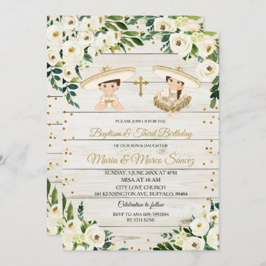 Rustikale Twin mexikanische Taufe & Dritter Geburt Einladung (Vorne/Hinten)