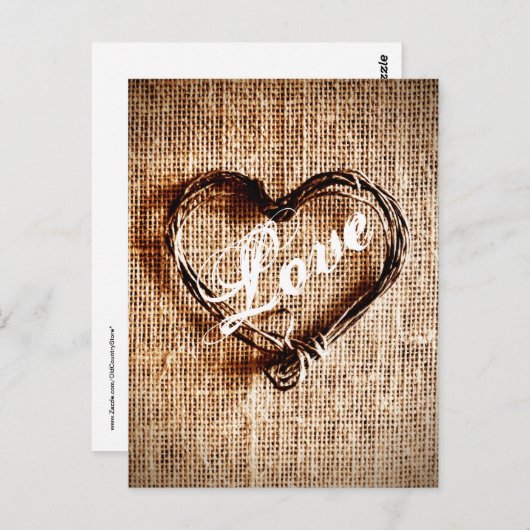 Rustikale Twine Heart Burlap Print LIEBE Postcard Postkarte (Vorne/Hinten)
