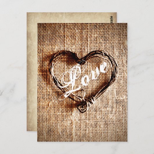 Rustikale Twine Heart Burlap Print LIEBE Postcard Postkarte (Vorne/Hinten)