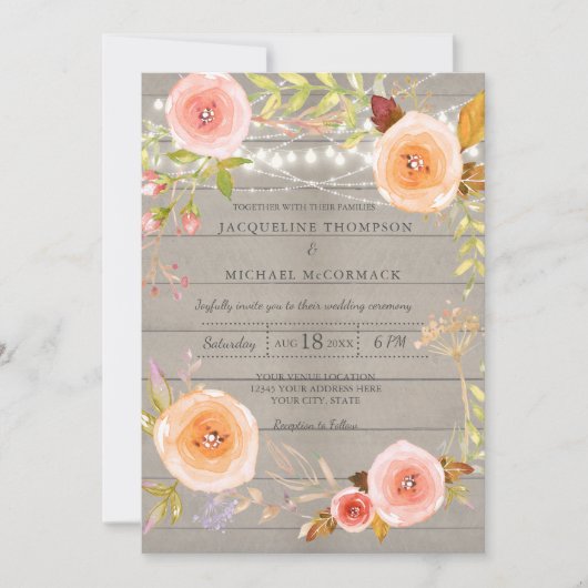 Rustikale Twinkle Lights Hochzeit Blumenreath Einladung (Vorderseite)