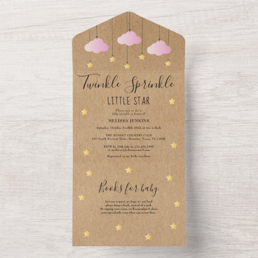 Rustikale Twinkle Sprinkle Pink Clouds Babydusche All In One Einladung (Innen Boden)