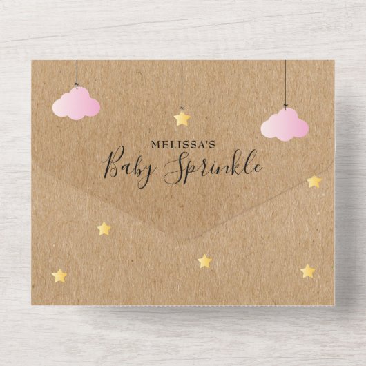 Rustikale Twinkle Sprinkle Pink Clouds Babydusche All In One Einladung (Rückseite)