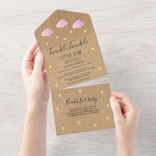Rustikale Twinkle Twinkle Rosa Wolken Baby-Party All In One Einladung