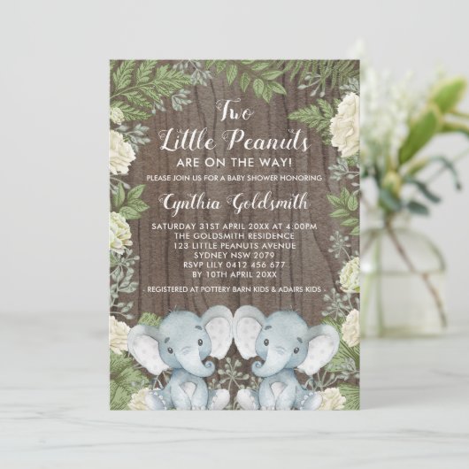 Rustikale Twins Elefant Neutral Greenerity Baby Du Einladung (Stehend Vorderseite)