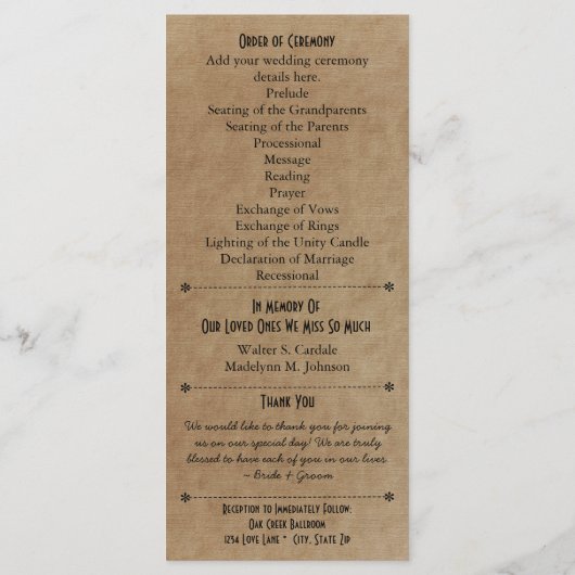 Rustikale Typografie-Hochzeitsprogramme 6 Geburtsh Programm (Rückseite)