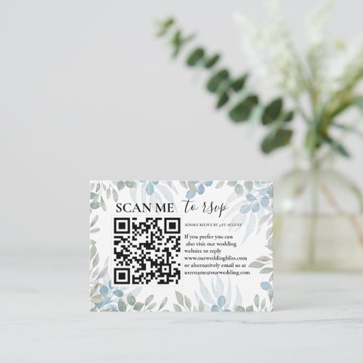 Rustikale UAWG QR Code Eukalyptus Greenerity Weddi Begleitkarte (Stehend Vorderseite)