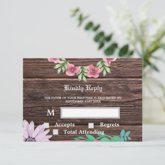 Rustikale UAWG- und Antwortkarte aus Holz und Blum RSVP Karte (Stehend Vorderseite)