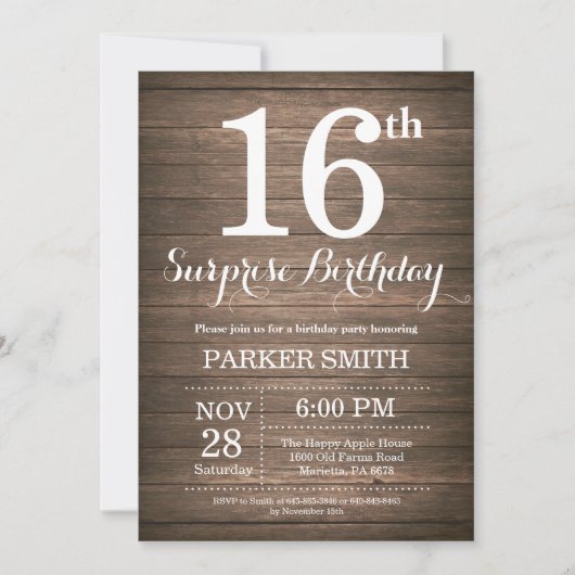 Rustikale Überraschung 16. Geburtstag Einladung (Vorderseite)