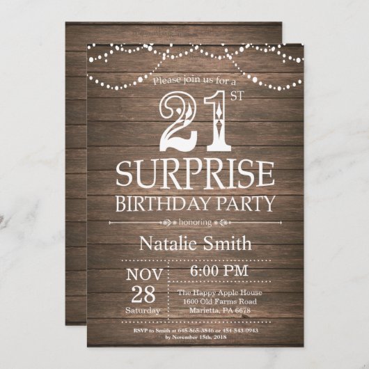Rustikale Überraschung 21. Geburtstag Einladung (Vorne/Hinten)