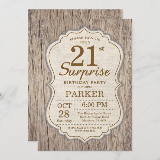 Rustikale Überraschung 21. Geburtstag Einladung Ho (Vorne/Hinten)