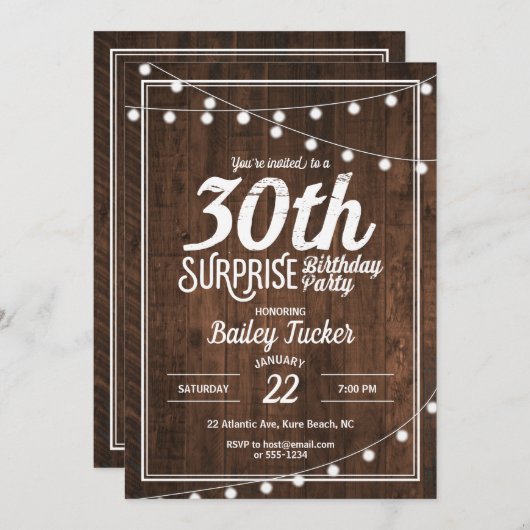 Rustikale Überraschung 30. Geburtstag Party Einladung (Vorne/Hinten)