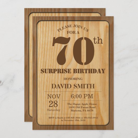 Rustikale Überraschung 70. Geburtstag Einladung Ho (Vorne/Hinten)
