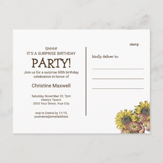 Rustikale Überraschung Sonnenblume 60. Geburtstag Einladungspostkarte (Rückseite)