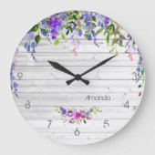 Rustikale Ultra-Violet-Aquarellblüte Große Wanduhr (Vorderseite)