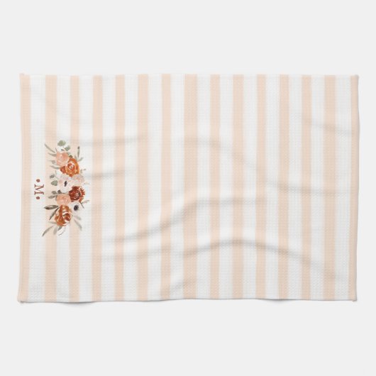 Rustikale und boho-florale Streifen mit Monogramm Geschirrtuch (Horizontal)