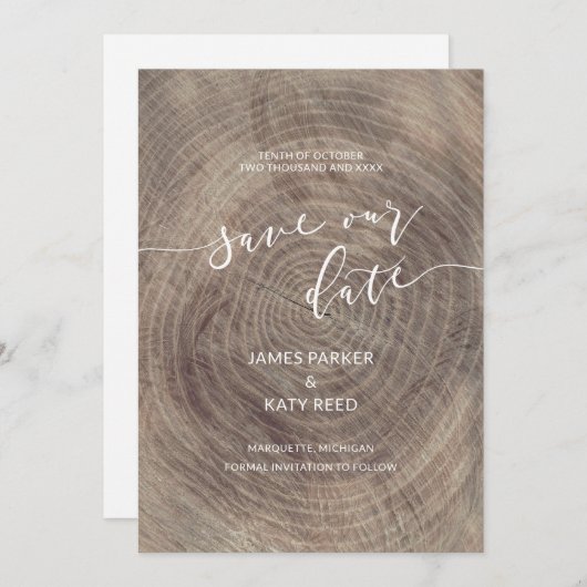 Rustikale und elegante Holzkarte Save the Date (Vorne/Hinten)