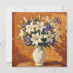 Rustikale Vase mit Lilien und Iris-Blumen Karte
