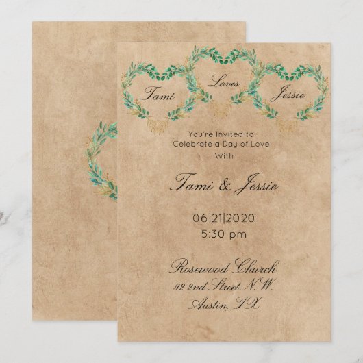 Rustikale Vegetation Antiquitätenherz Schöne Hochz Einladung (Vorne/Hinten)