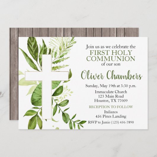 Rustikale Vegetation Cross Boy Erste Heilige Kommu Einladung (Vorne/Hinten)