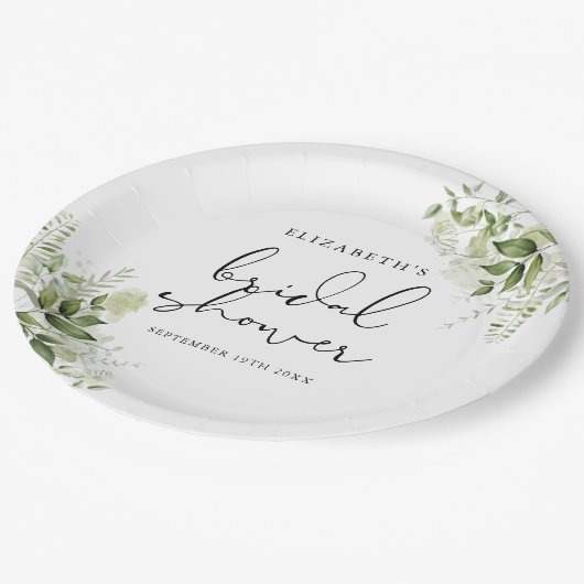 Rustikale Vegetation Elegantes Script-Brautparty Pappteller (Schrägansicht)