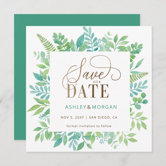 Rustikale Vegetation Gold Floral Save the Date Ankündigung (Vorne/Hinten)