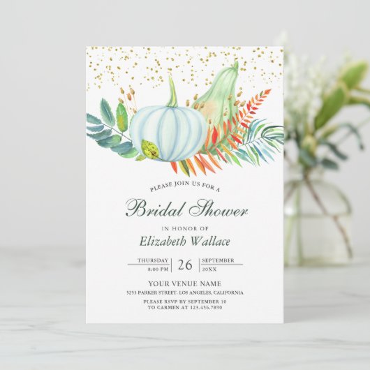 Rustikale Vegetation Weißer Pumpkin Fall Brautpart Einladung (Stehend Vorderseite)