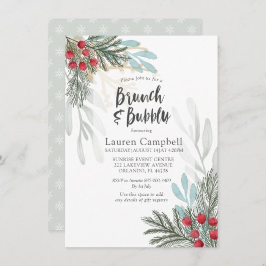 Rustikale Vegetation Winter Wasserfarben Brautpart Einladung (Vorne/Hinten)