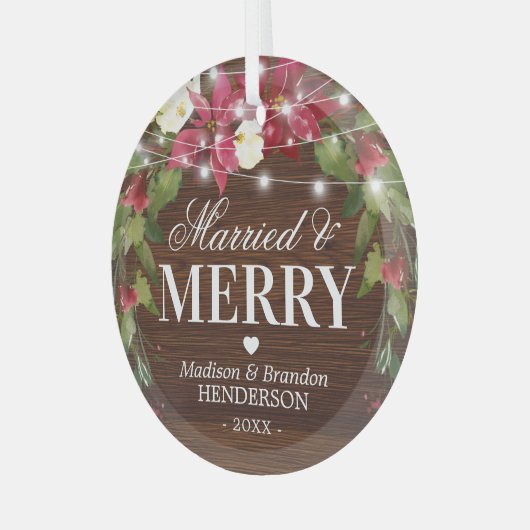 Rustikale Verheiratete und fröhliche Weihnachtsver Ornament Aus Glas (Vorderseite links)