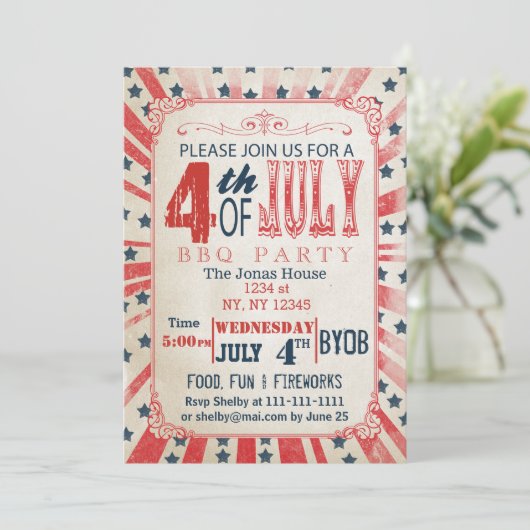 Rustikale Vintag 4. Juli Feier Einladung (Stehend Vorderseite)