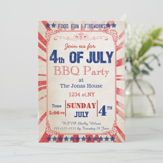 Rustikale Vintag 4. Juli Feier Einladung (Stehend Vorderseite)
