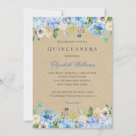 Rustikale Vintage blaue Flora Quinceanera Einladun Einladung (Vorderseite)