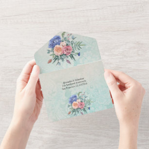 Rustikale Vintage-Blumen-Hochzeit in Grün mit Dama All In One Einladung