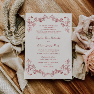 Rustikale Vintage-Blumen-Hochzeit in Karmesinrot Einladung