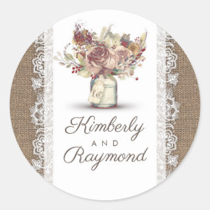Rustikale Vintage-Blumen-Mason-Glas Jute-Hochzei Runder Aufkleber