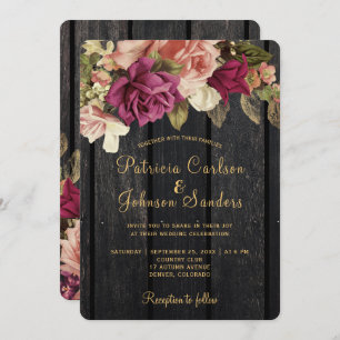 Rustikale Vintage bordeauxfarbene Holzhütte Hochze Einladung