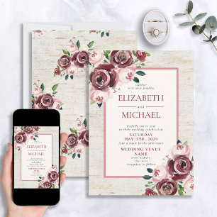 Rustikale Vintage-Burgunder-Rosé-Rosen-Hochzeit Einladung