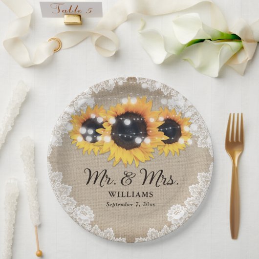 Rustikale Vintage Burlap Lace Sonnenblume Hochzeit Pappteller (Hochzeit)