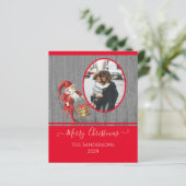 Rustikale Vintage Elf Red Green Foto Weihnachtskar (Stehend Vorderseite)