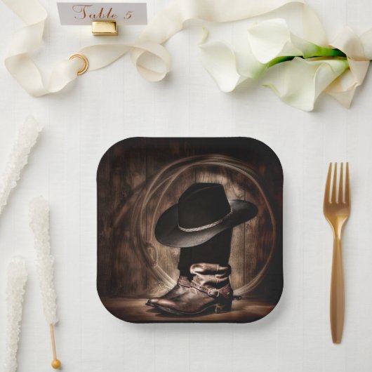 rustikale Vintage Farm Cowboystiefel Western Land Pappteller (Hochzeit)