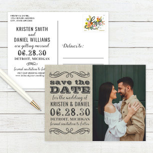 Rustikale Vintage-Foto-Hochzeit - Heiratsantrag zu Ankündigungspostkarte