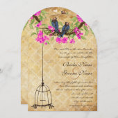 Rustikale Vintage Fuchsia Love Bird Birdcage Weddi Einladung (Vorne/Hinten)
