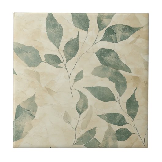 Rustikale Vintage-Grüne Blätter auf Creme-Herbst Fliese (Vorderseite)