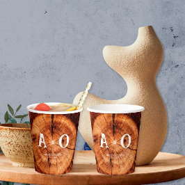 Rustikale Vintage Holzbaum-Slice-Monogramm-Hochzei Pappbecher