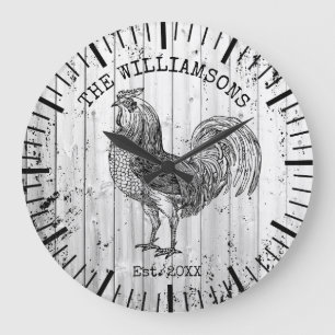 Rustikale, Vintage Holzfamilie Name Farm Rooster Große Wanduhr
