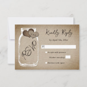 Rustikale Vintage-Jute-Herz-Mason-Glas-Hochzeit RSVP Karte