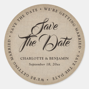 Rustikale Vintage-Jute-Hochzeit 'Save The Date' Runder Aufkleber