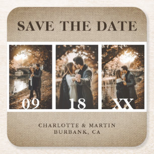Rustikale Vintage-Jute-Hochzeitsfoto-Save-the-Date Rechteckiger Pappuntersetzer